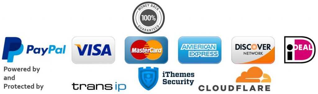 Trust badge safe payment options, 100% money back guarantee and cybersecurity.